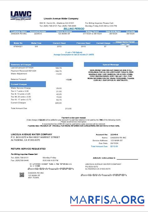 Downloadable USA California Lincoln Avenue Water Company business utility bill template in Word and PDF formats